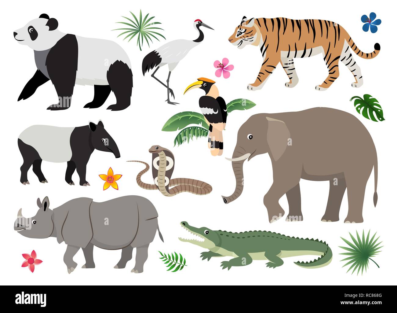 Set of cute wild animals and birds icon, decor for children Stock Vector