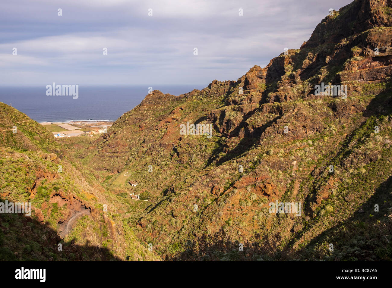 Views into the Barranco Seco from the water canals on the sides of the ravine in Anaga, Tenerife, Canary Islands, Spain Stock Photo