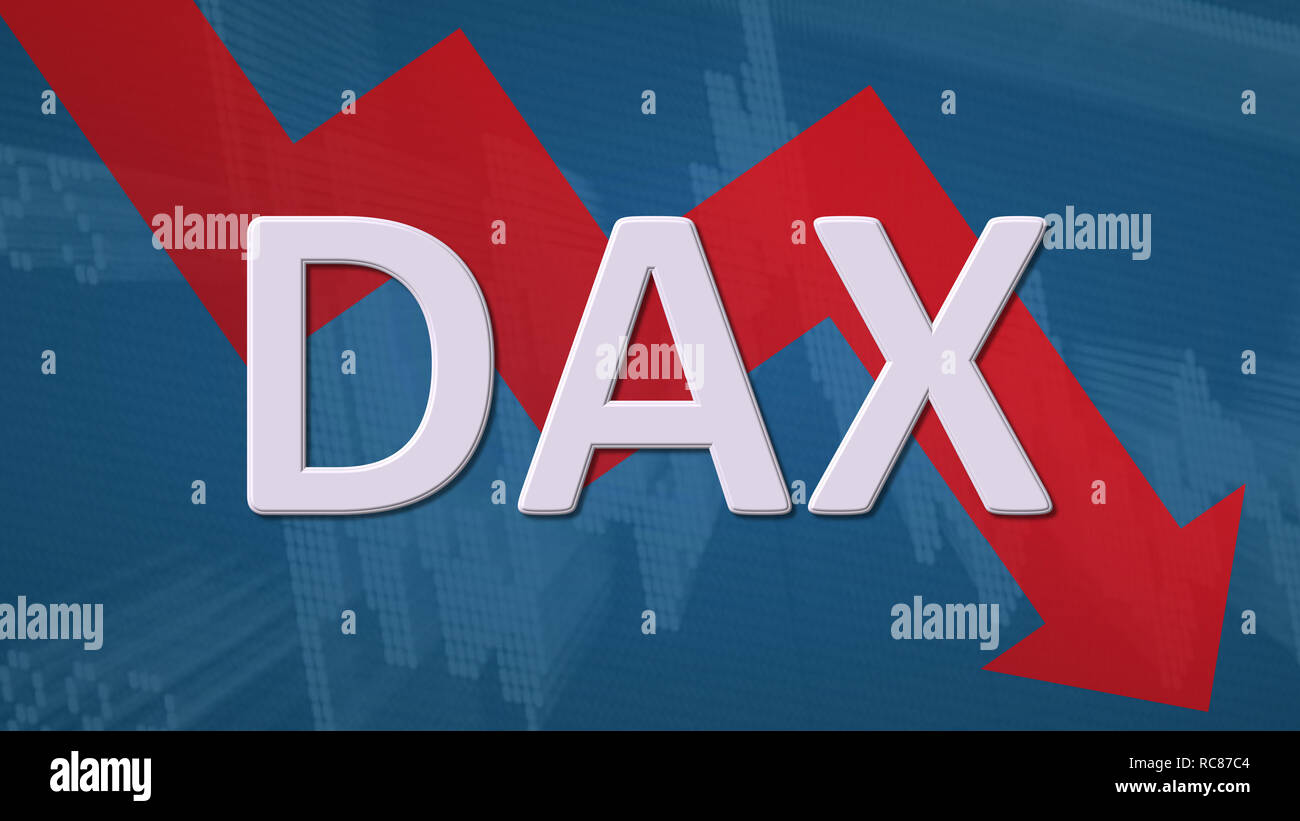 The German blue chip stock market index DAX is falling. The red zig-zag arrow behind the word DAX on a blue background with a stock market chart shows... Stock Photo