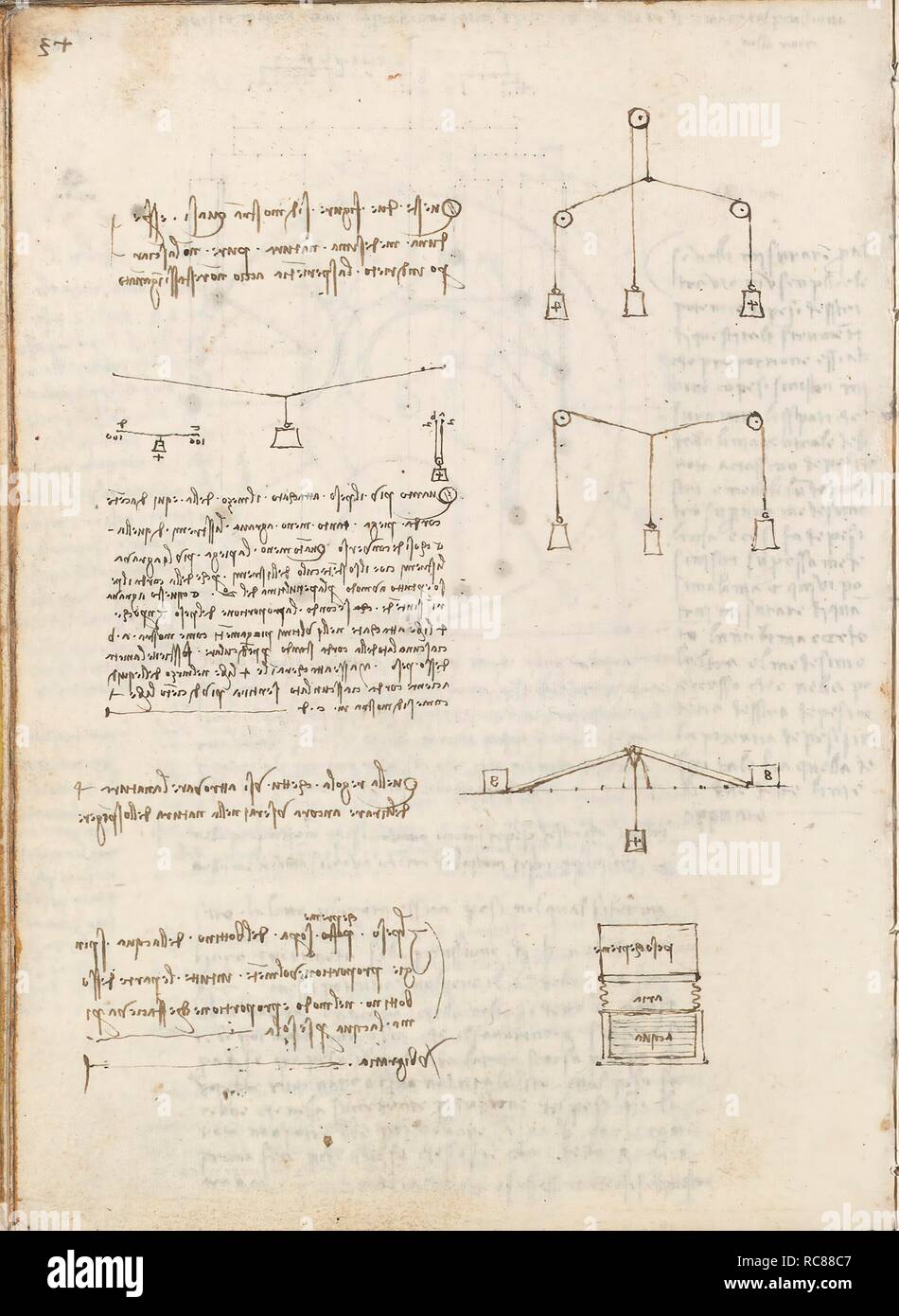 Folio f 148v. Codex Madrid I (Ms. 8937) 'Treaty of statics and mechanics', 192 folios with 384 pages. Internal format: 215 x 145 mm. APPLIED MECHANICS (COMPONENTS). UNITS OF WEIGHT AND MEASURES. PRINCIPLES OF MECHANICS, CINEMATICS, DYNAMICS. Museum: BIBLIOTECA NACIONAL DE ESPAÑA, MADRID. Author: LEONARDO DA VINCI. Stock Photo