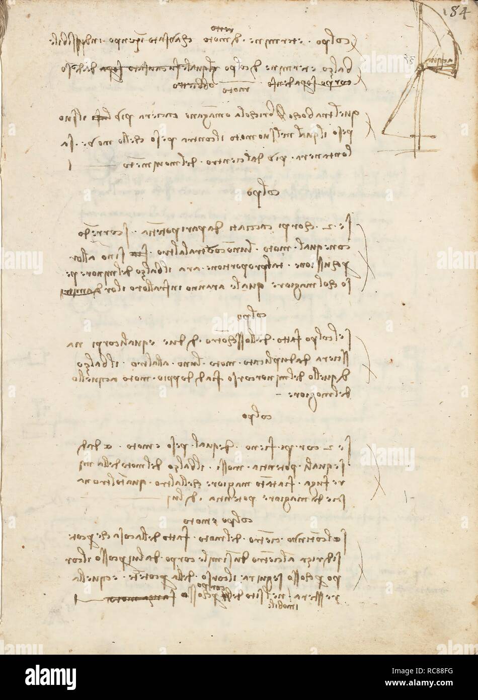 Folio f 184r. Codex Madrid I (Ms. 8937) 'Treaty of statics and mechanics', 192 folios with 384 pages. Internal format: 215 x 145 mm. APPLIED MECHANICS (MACHINES AND WITS). PRINCIPLES OF MECHANICS, CINEMATICS, DYNAMICS. Museum: BIBLIOTECA NACIONAL DE ESPAÑA, MADRID. Author: LEONARDO DA VINCI. Stock Photo