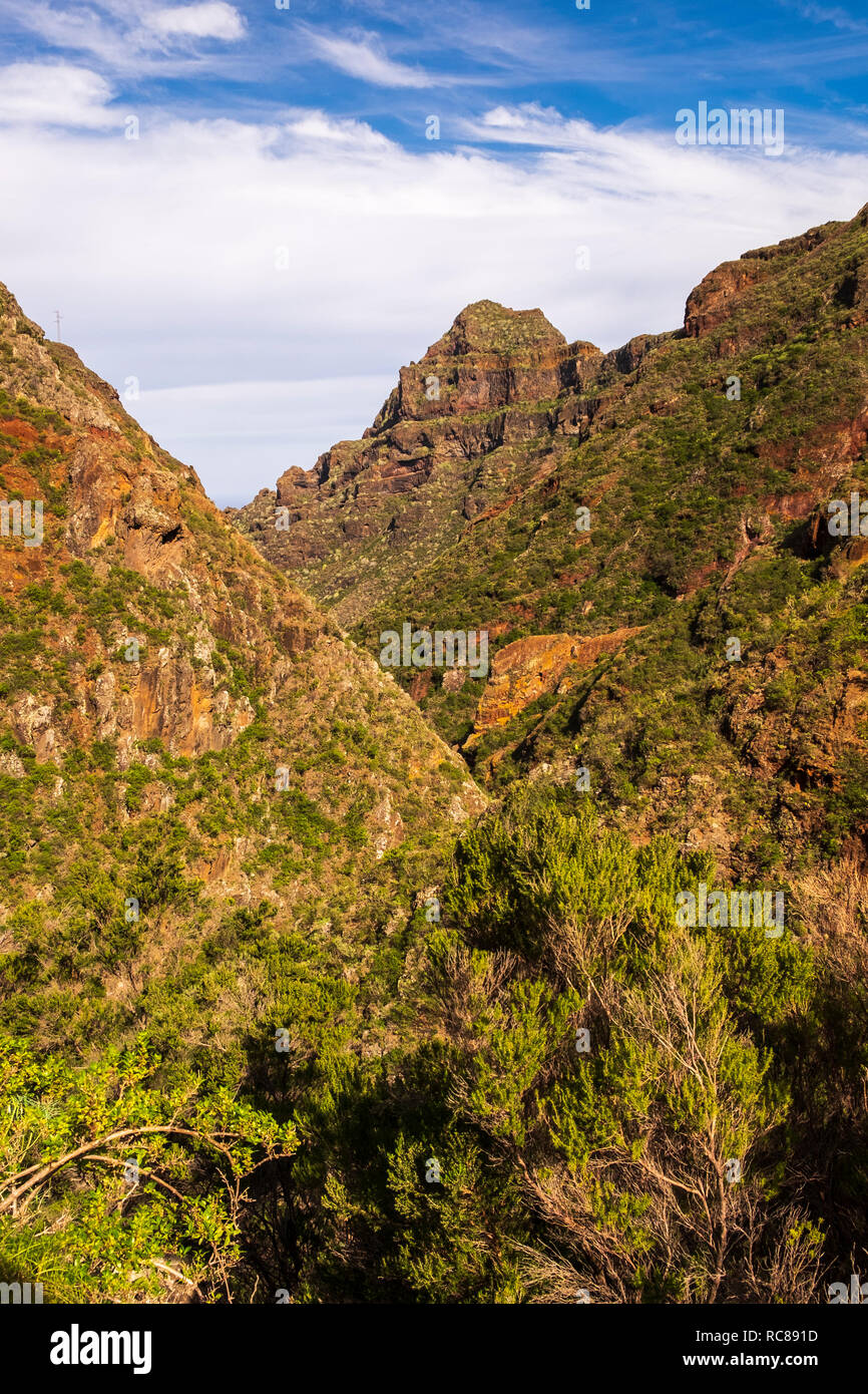 Views into the Barranco Seco from the water canals on the sides of the ravine in Anaga, Tenerife, Canary Islands, Spain Stock Photo