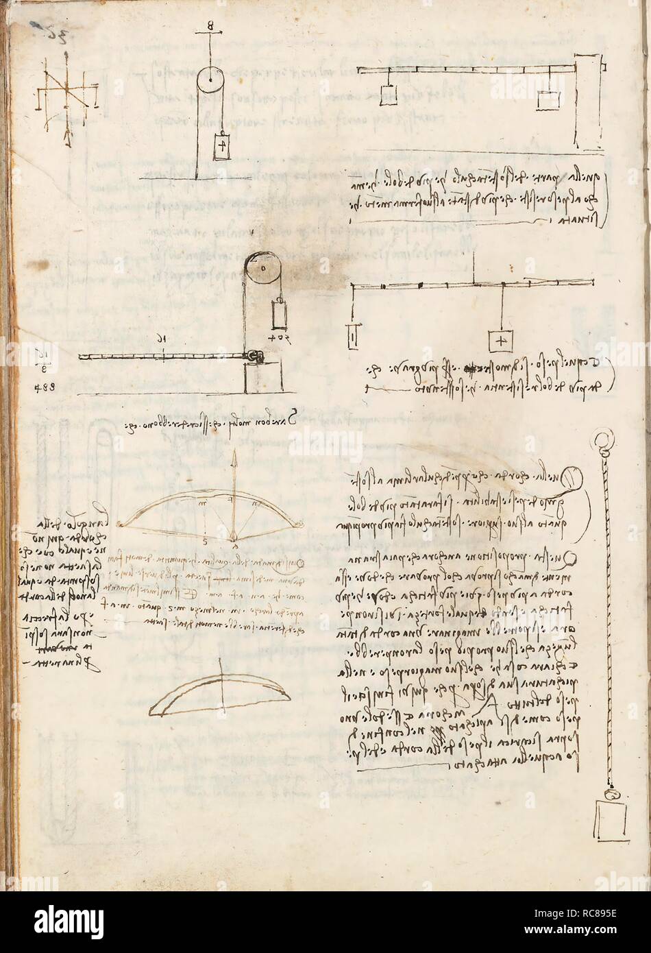 Folio f 155v. Codex Madrid I (Ms. 8937) 'Treaty of statics and mechanics', 192 folios with 384 pages. Internal format: 215 x 145 mm. APPLIED MECHANICS (COMPONENTS). APPLIED MECHANICS (MACHINES AND WITS). PRINCIPLES OF MECHANICS, CINEMATICS, DYNAMICS. Museum: BIBLIOTECA NACIONAL DE ESPAÑA, MADRID. Author: LEONARDO DA VINCI. Stock Photo