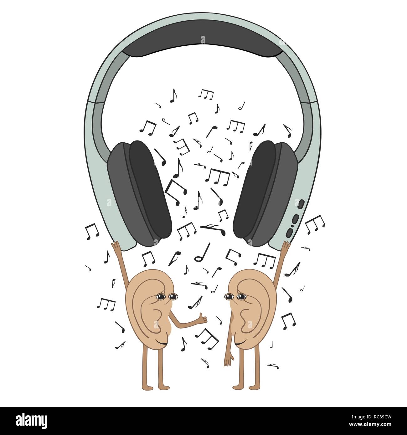 Funny human ears listen to your favorite music from headphones. Cartoon