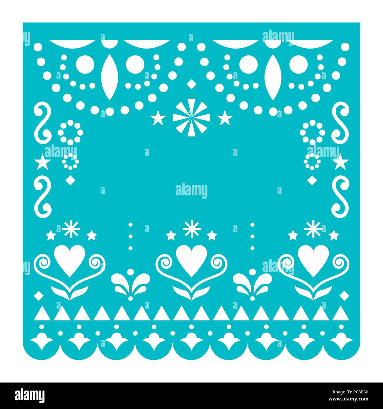 Papel Picado template with no text vector design, Mexican turquoise paper fiesta decoration from Mexico with flowers and geometric pattern Stock Vector