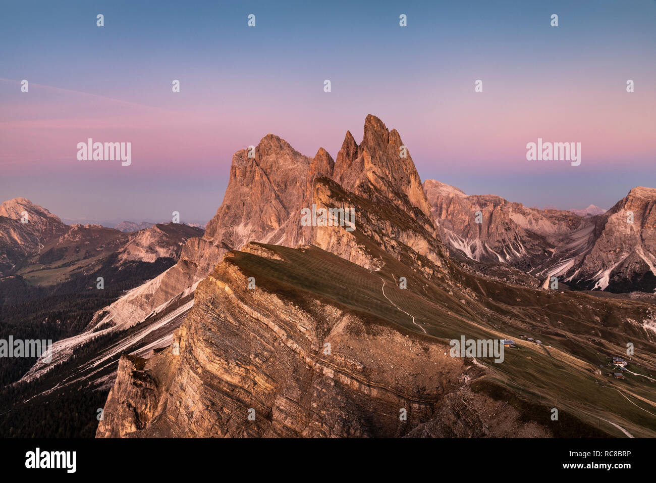 View into Geislergruppe, Santa Cristina in Val Gardena, Dolomites, Trentino-Alto Adige, Italy Stock Photo