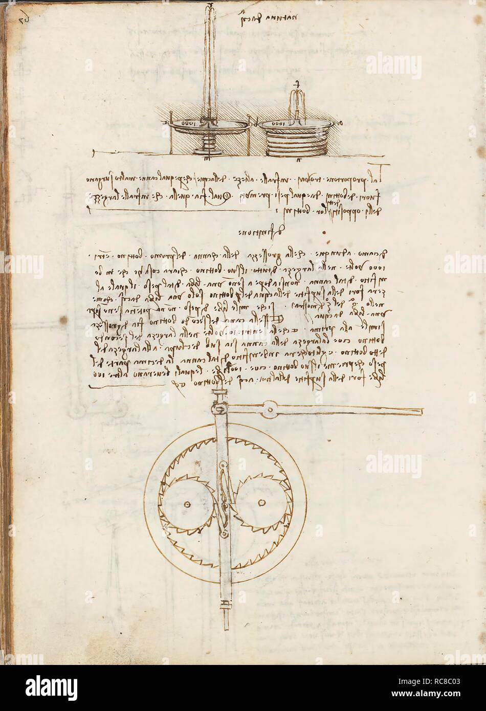 Folio f 124v. Codex Madrid I (Ms. 8937) 'Treaty of statics and mechanics', 192 folios with 384 pages. Internal format: 215 x 145 mm. CIVIL ENGINEERING, CONSTRUCTION. APPLIED MECHANICS (COMPONENTS). APPLIED MECHANICS (MACHINES AND WITS). UNITS OF WEIGHT AND MEASURES. PRINCIPLES OF MECHANICS, CINEMATICS, DYNAMICS. Museum: BIBLIOTECA NACIONAL DE ESPAÑA, MADRID. Author: LEONARDO DA VINCI. Stock Photo