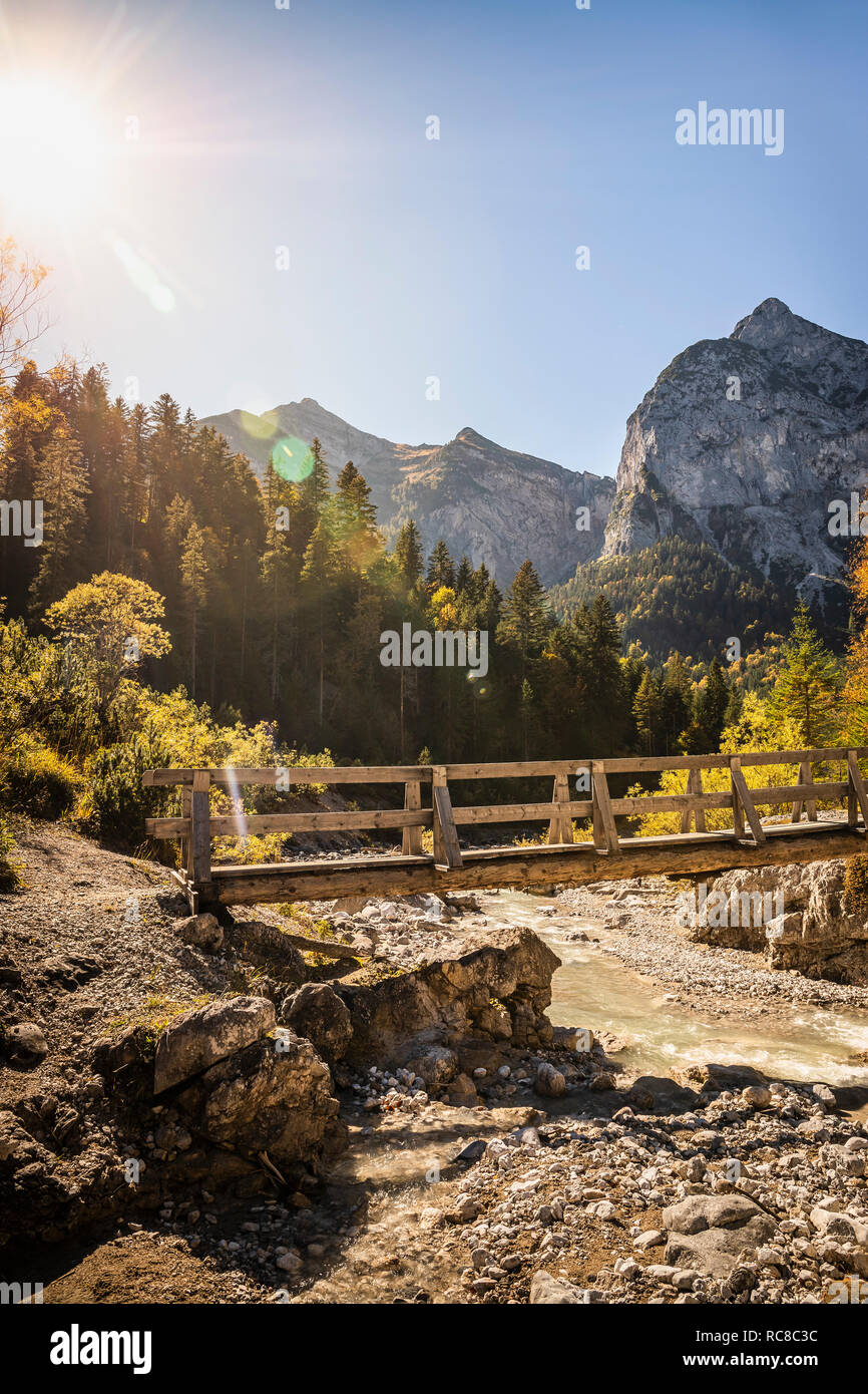 Bridge over river, Karwendel region, Hinterriss, Tirol, Austria Stock Photo