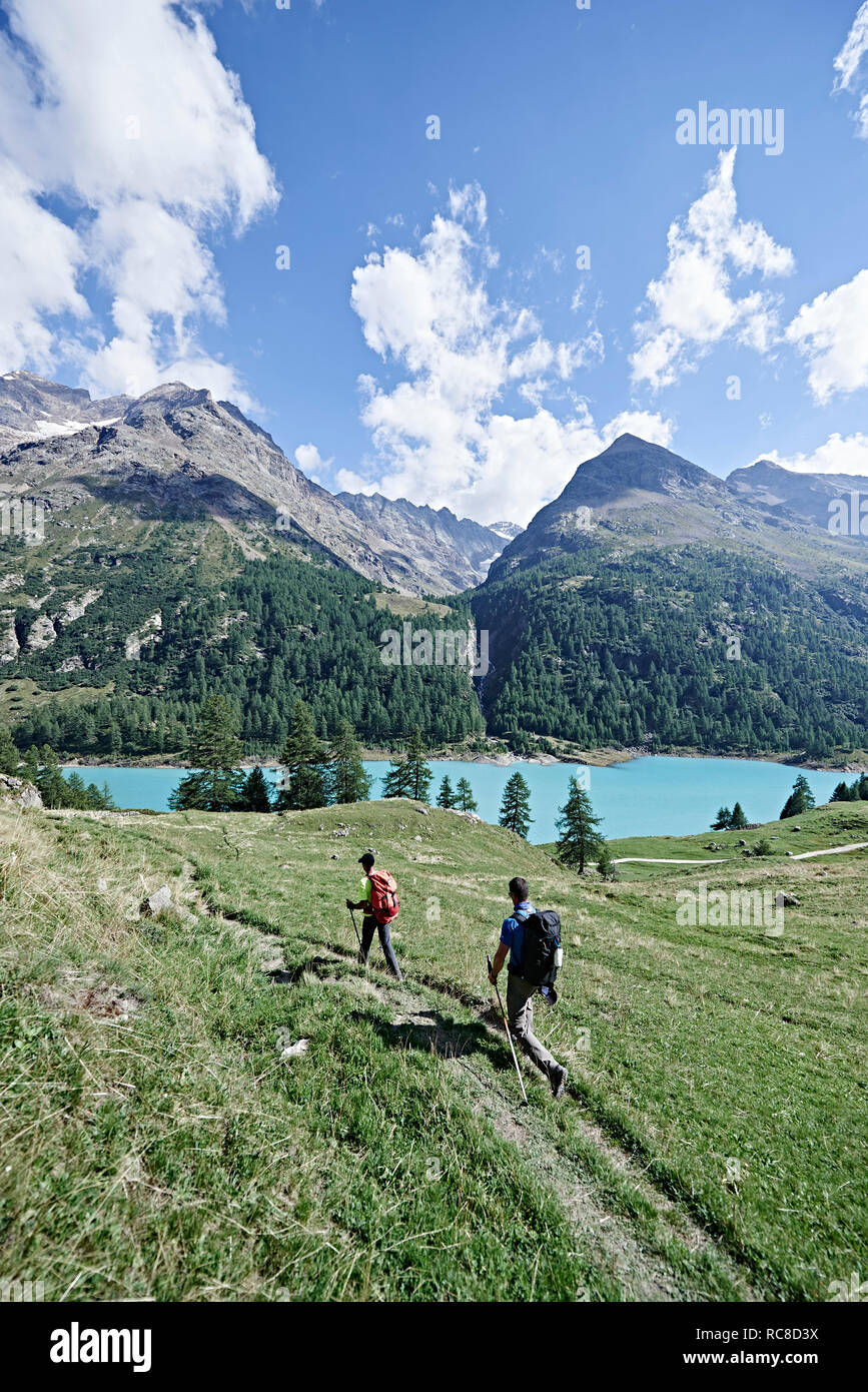 Hikers on lush green field, lake in background, Mont Cervin, Matterhorn, Valais, Switzerland Stock Photo