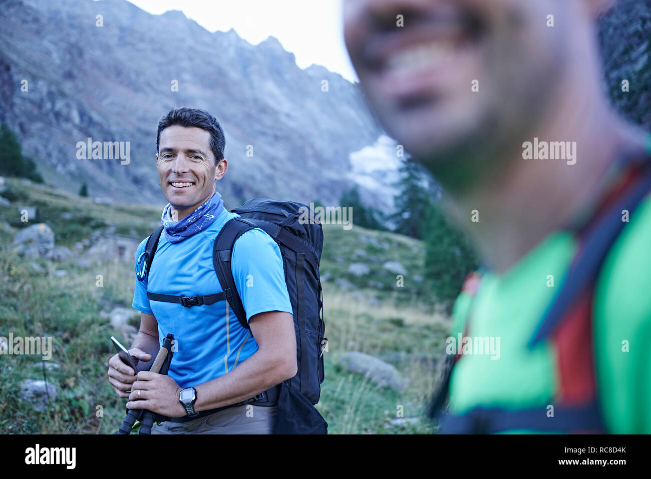 Smiling hiker friends, Mont Cervin, Matterhorn, Valais, Switzerland Stock Photo