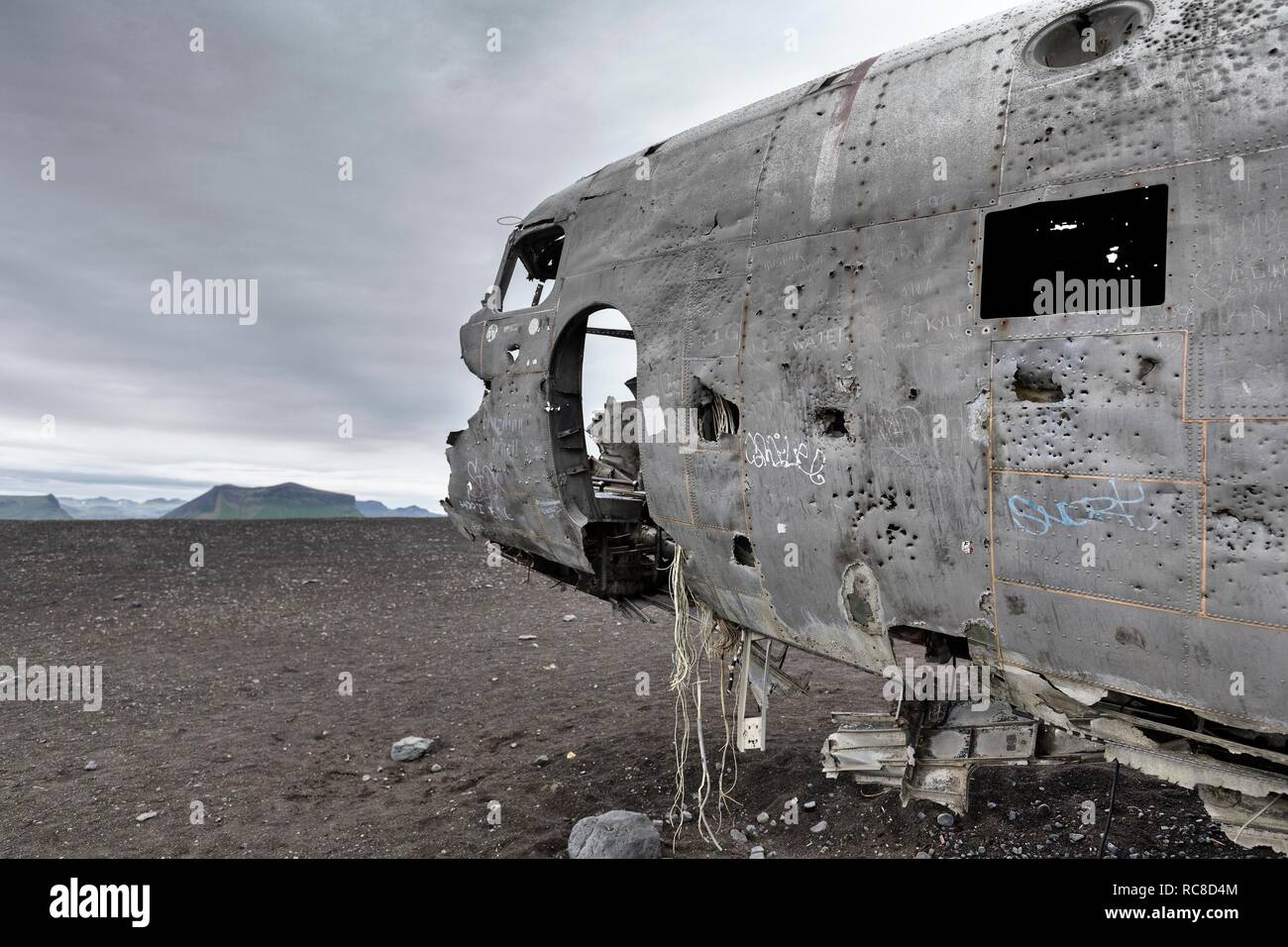 Douglas DC-3 wrecked US Navy aircraft, Sólheimasandur, Solheimasandur, near Ring Road, Suðurland, Sudurland, South Iceland Stock Photo