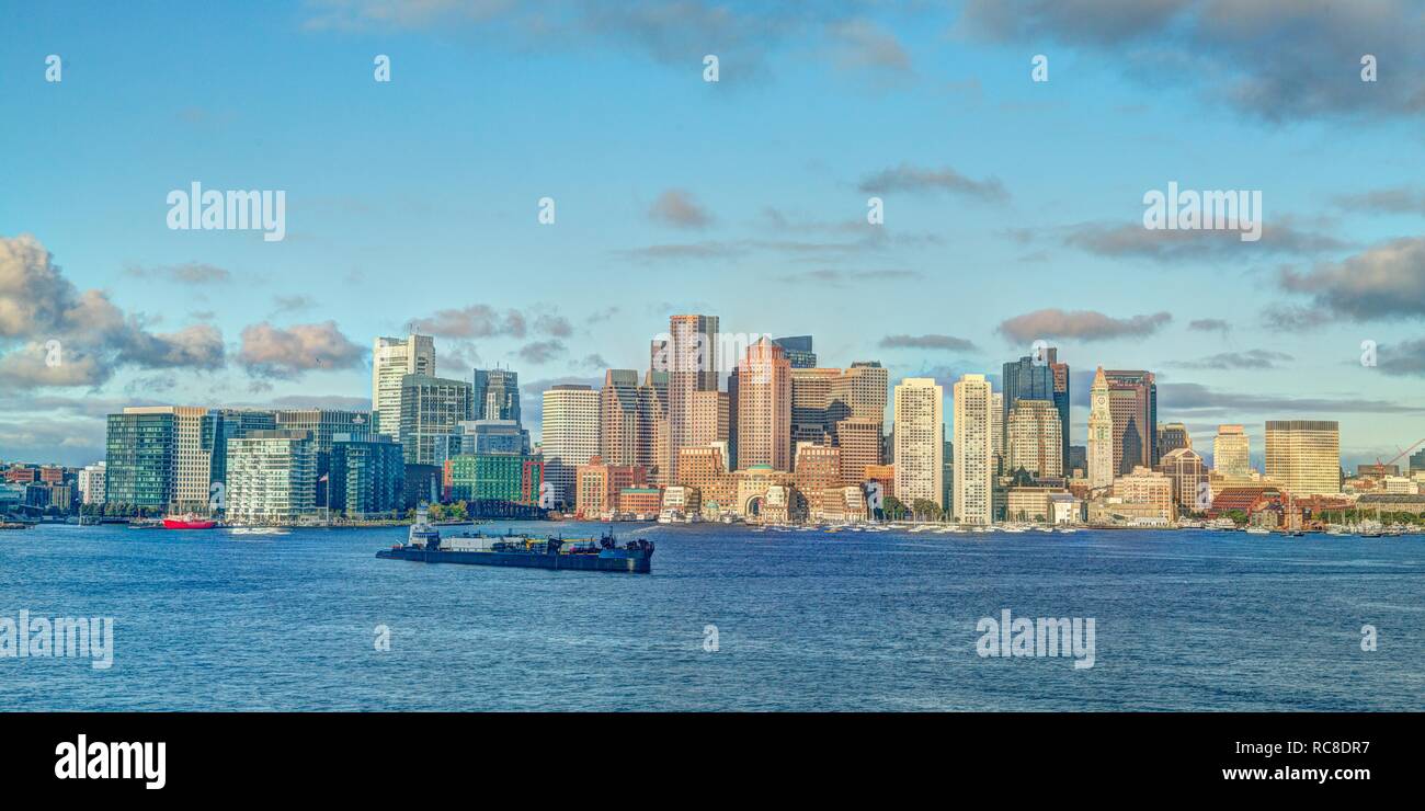 Skyline, skyscraper, cargo ship, Boston Main Channel, Boston, Massachusetts, USA Stock Photo