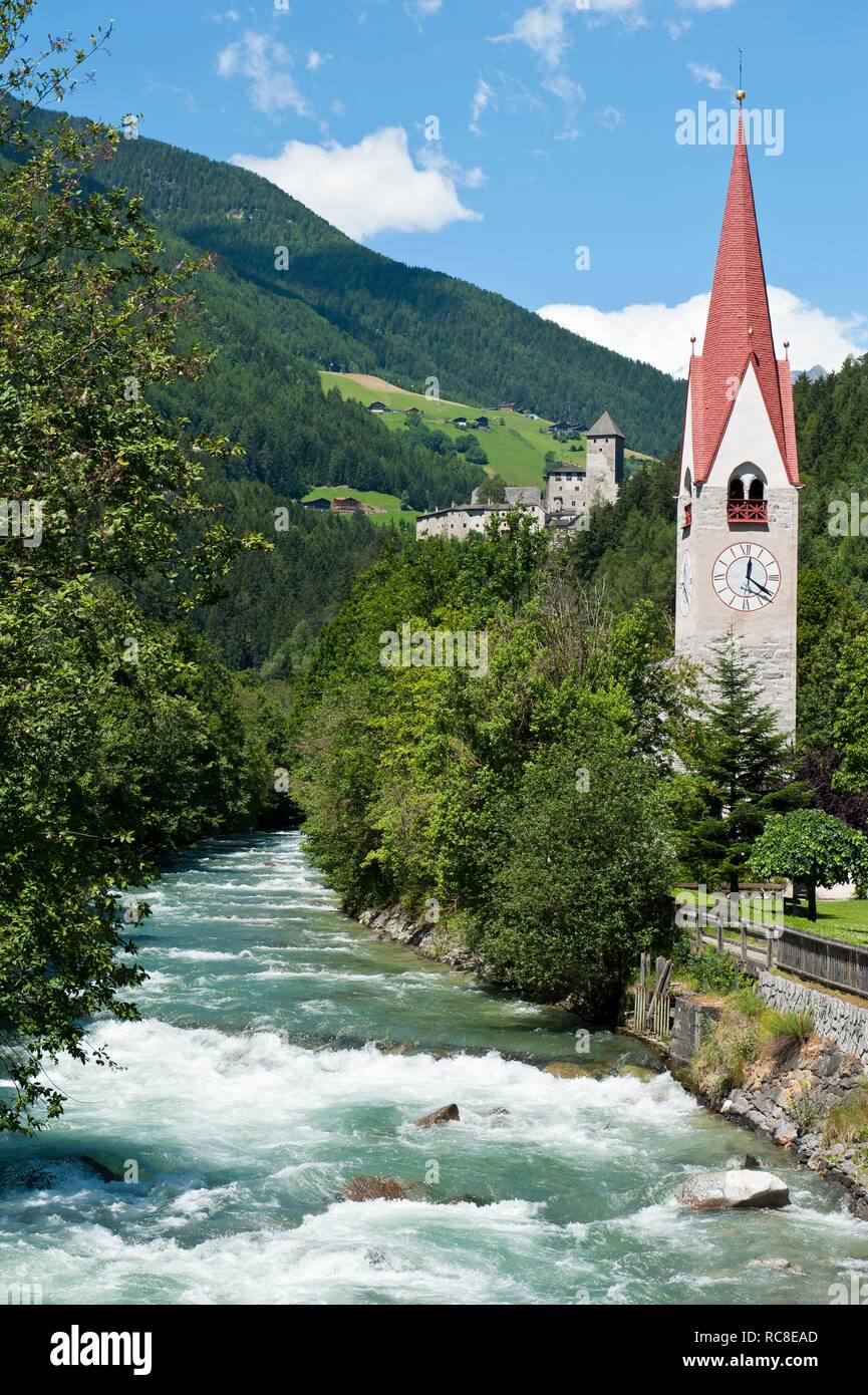 River Ahr, Church of St. Sebastian, St. Moritz, Sand in Taufers, Campo Tures, Tauferer Ahrntal, Valli di Tures e Aurina Stock Photo
