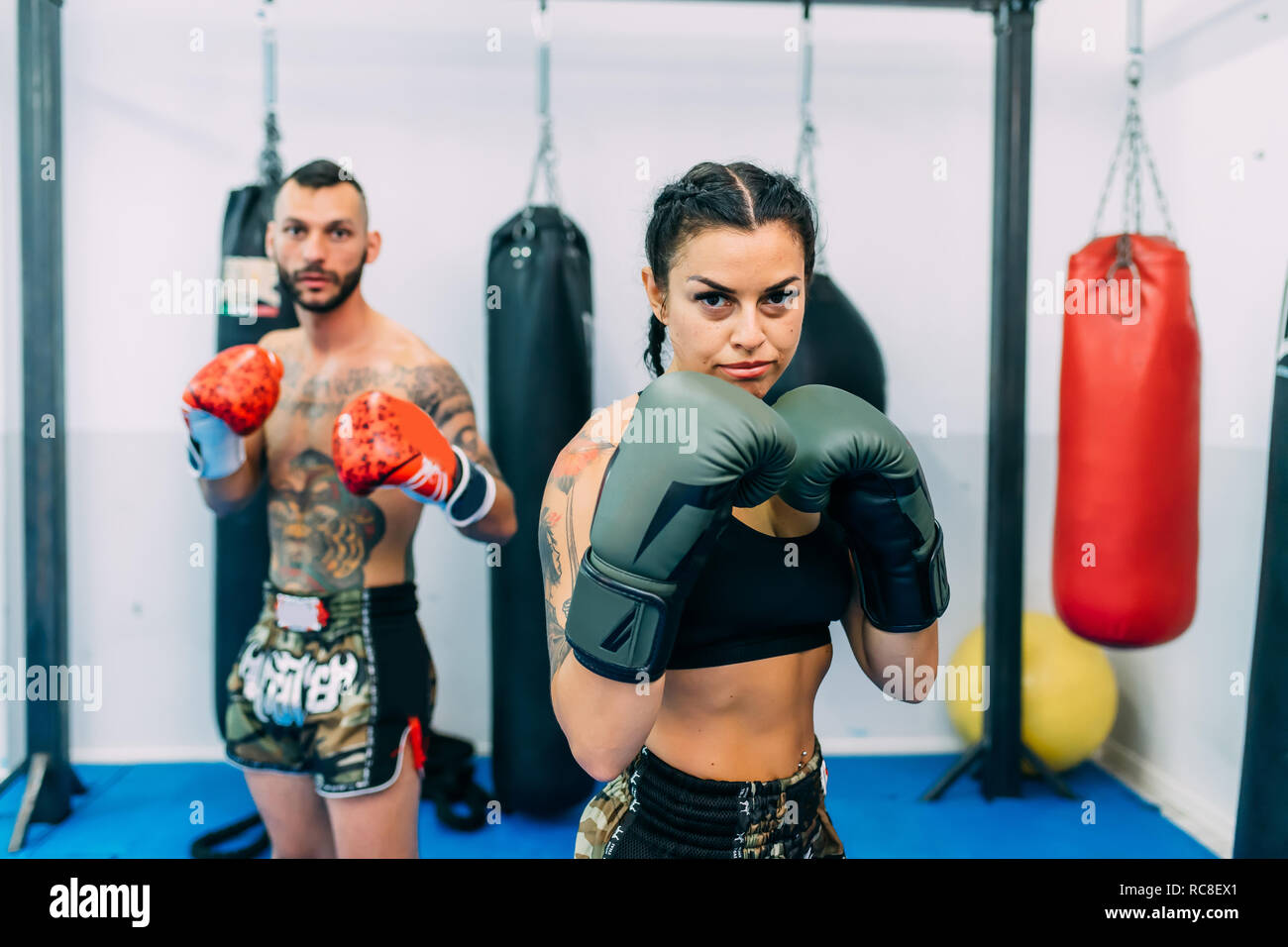 Portrait of male and female boxers Stock Photo