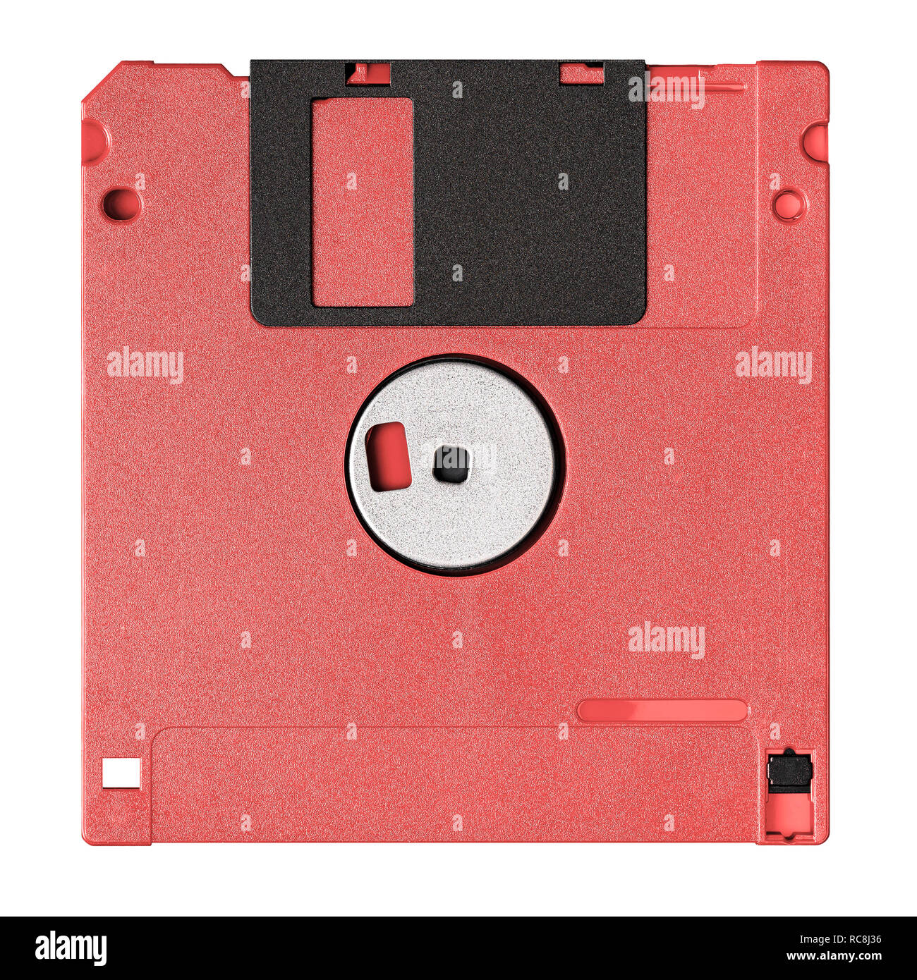 Standard blue floppy disk isolated on white background. Backside view. Color of the Year for 2019 - Living Coral. Stock Photo