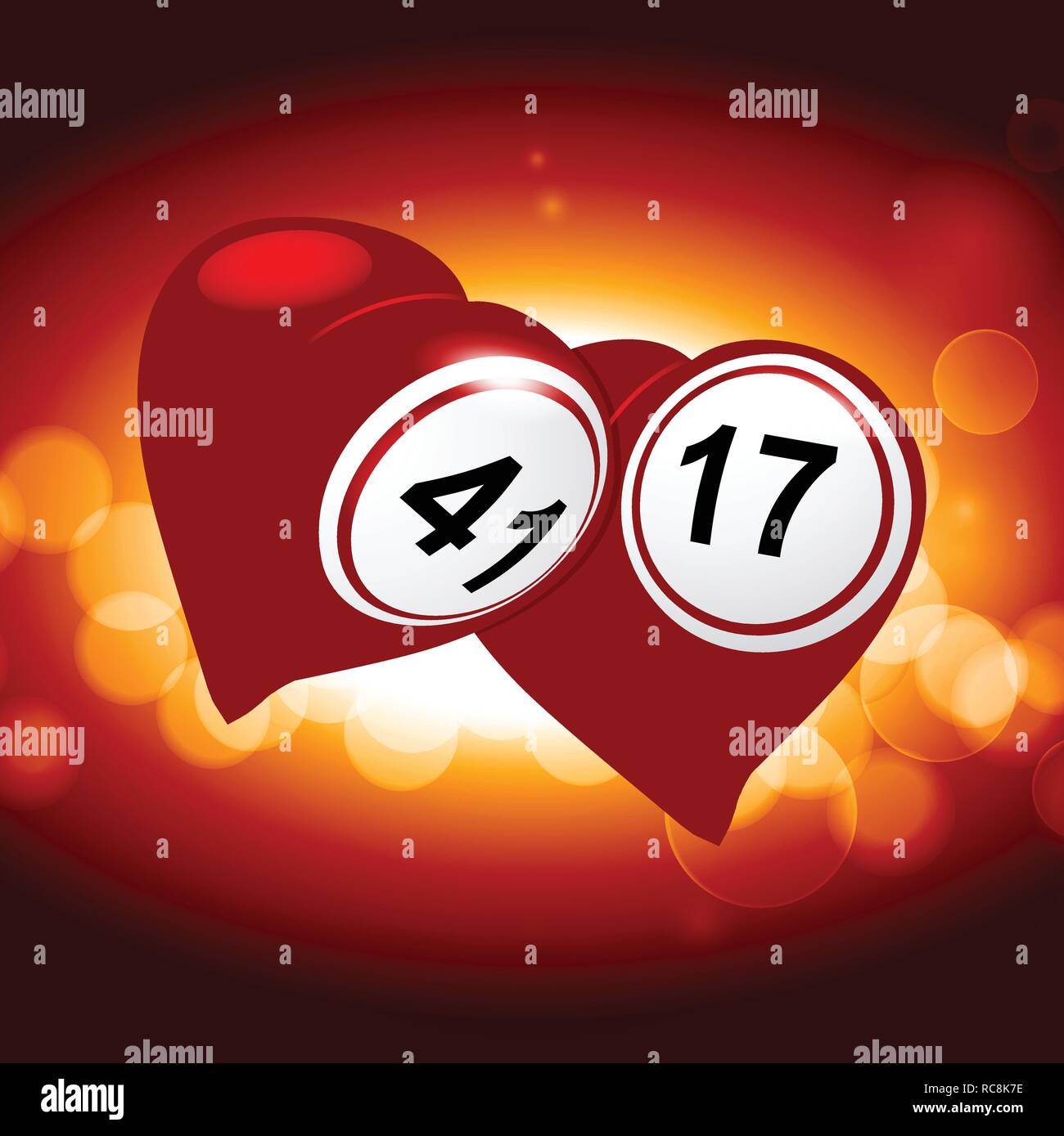 Two Red Love Hearts with Bingo Lottery Numbers Over Glowing Background Stock Vector