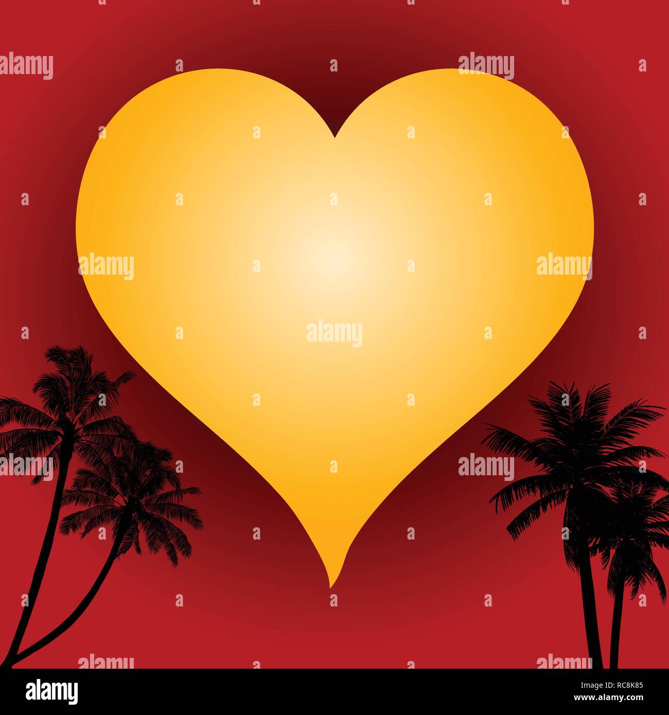 Valentine Yellow Love Heart Over Red Background with Tropical Palm Tree Silhouettes Stock Vector