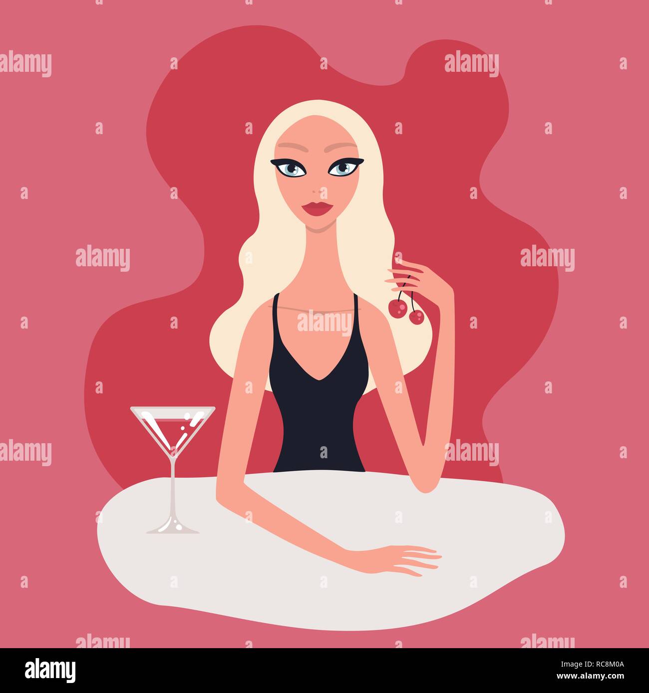 Hot beautiful young blond woman wearing black evening dress drinking cocktail with cherries Stock Vector
