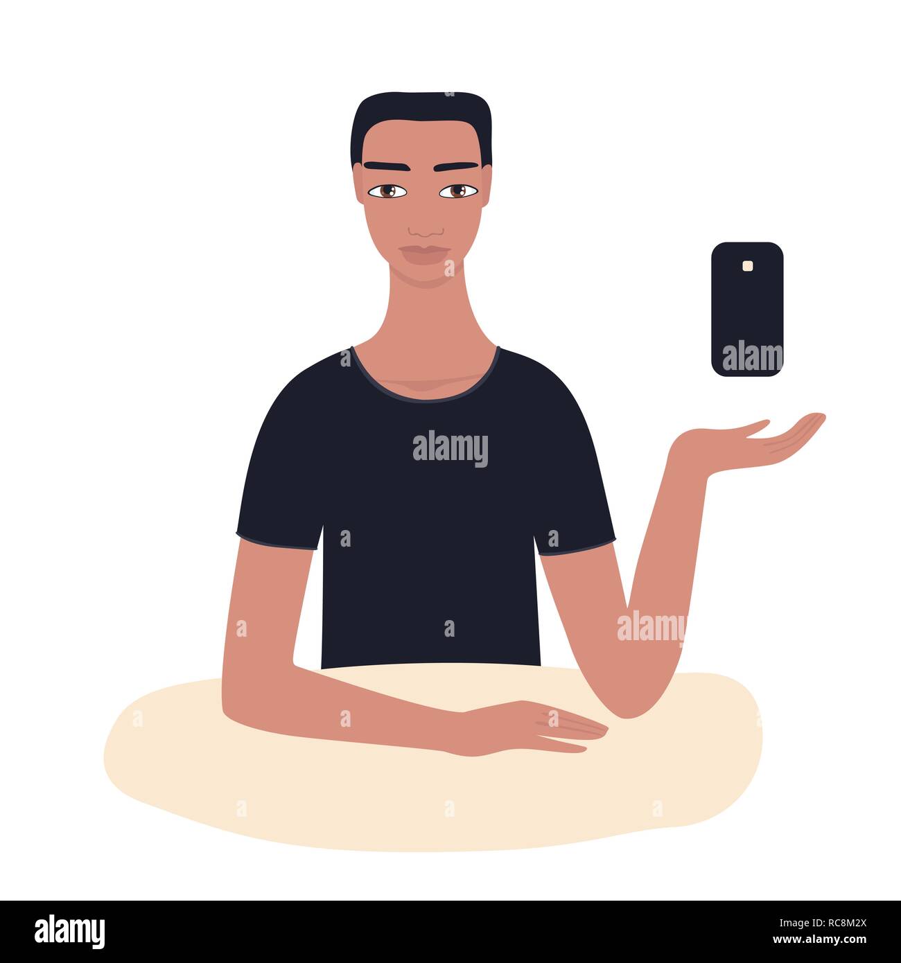Handsome young man of mixed race South East Asian Pacific Islander ethnicity presenting mobile phone Stock Vector