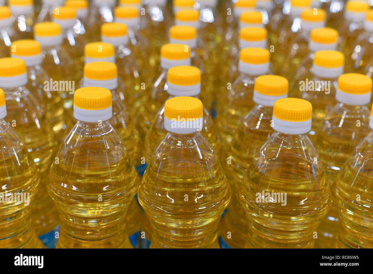 Lot of plastic bottles with sunflower oil Stock Photo Alamy