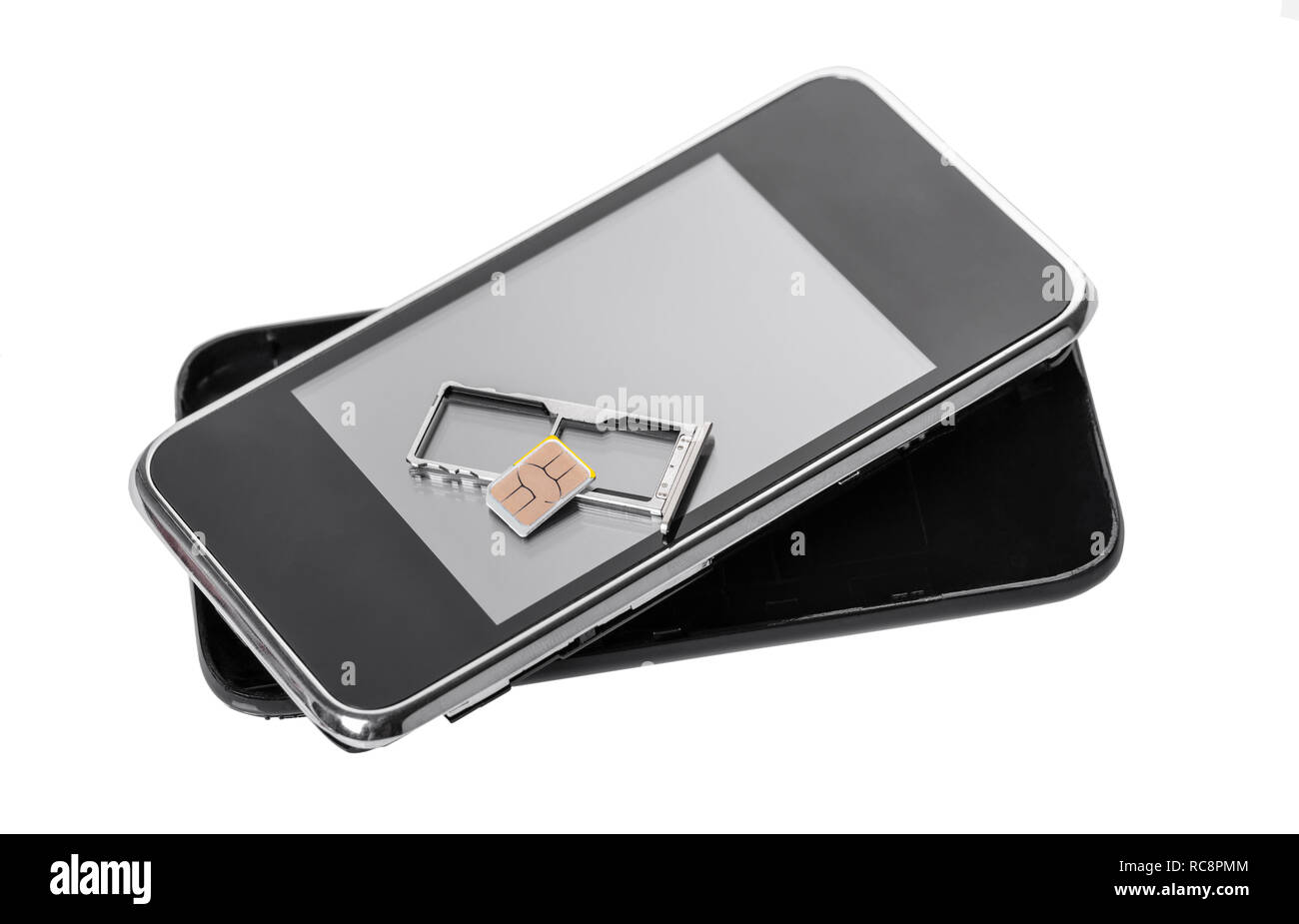 mobile phone and sim card on a white isolated background Stock Photo
