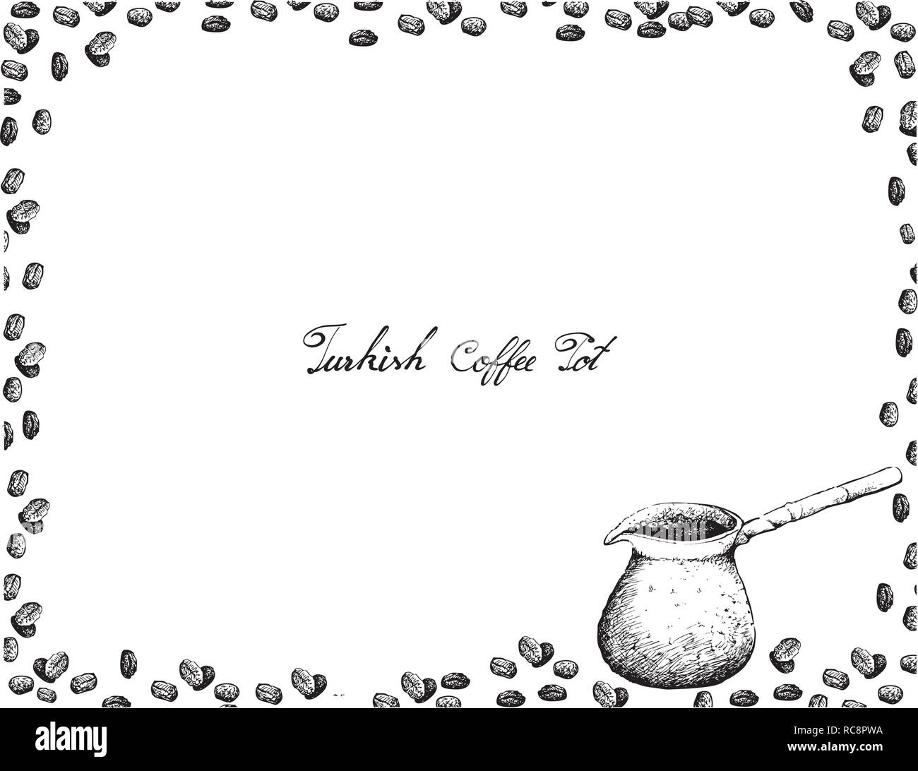 Turkish Cuisine, Cezve or Turkish Coffee Pot with Coffee Beans. One of The Popular Drink in Turkey. Stock Vector