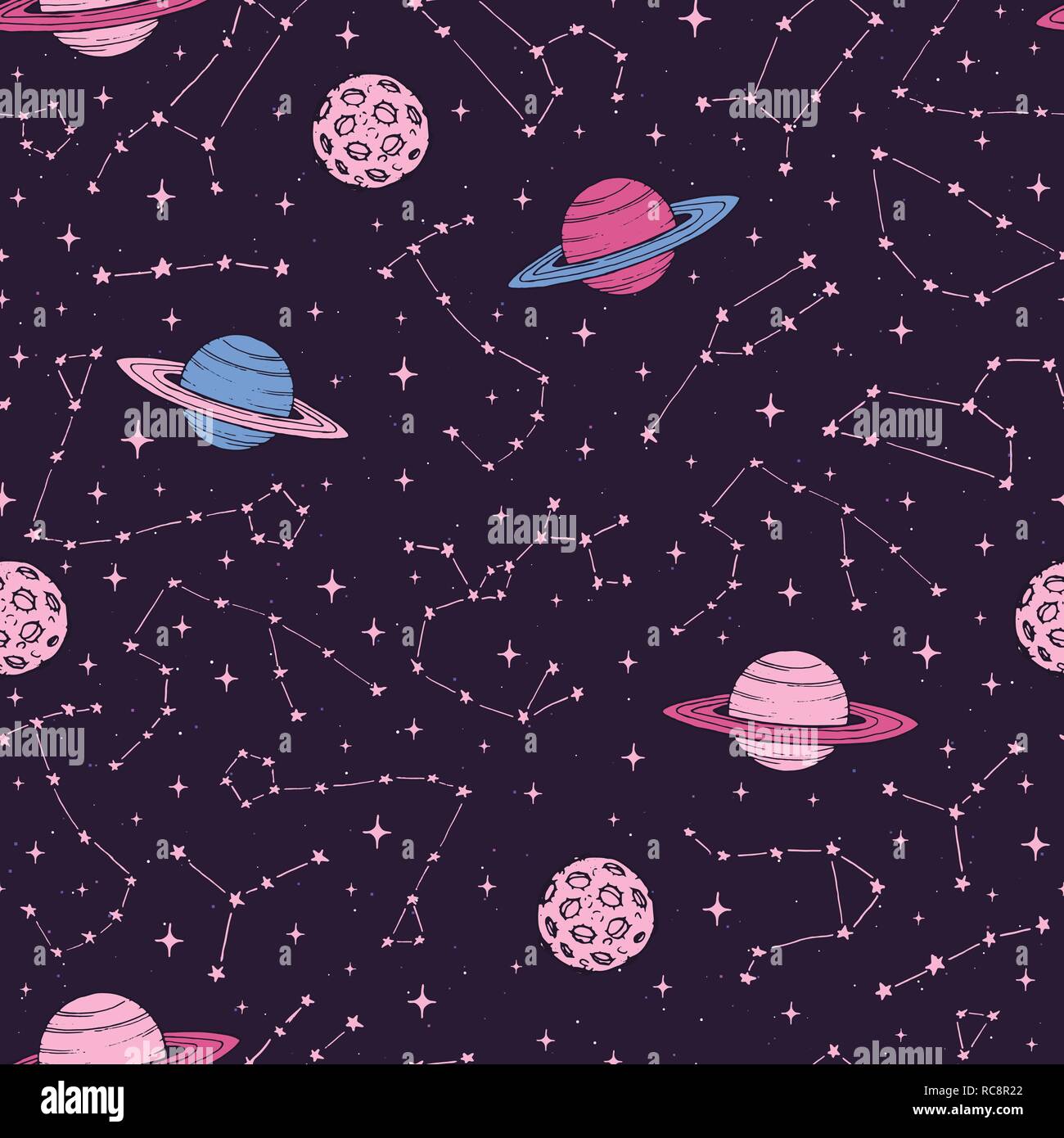Hand drawn seamlesss pattern with zodiac constellations, planets and ...