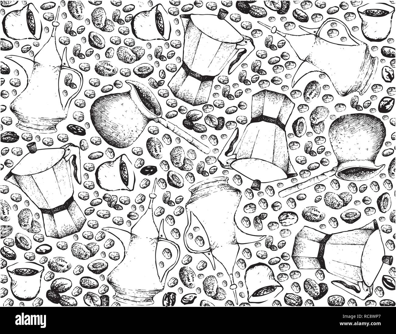 Illustration Wallpaper Background of Hand Drawn Sketch of Coffee Beans with Moka Pot, Cezve or Turkish Coffee Pot and Dallah. A Traditional Coffeemake Stock Vector