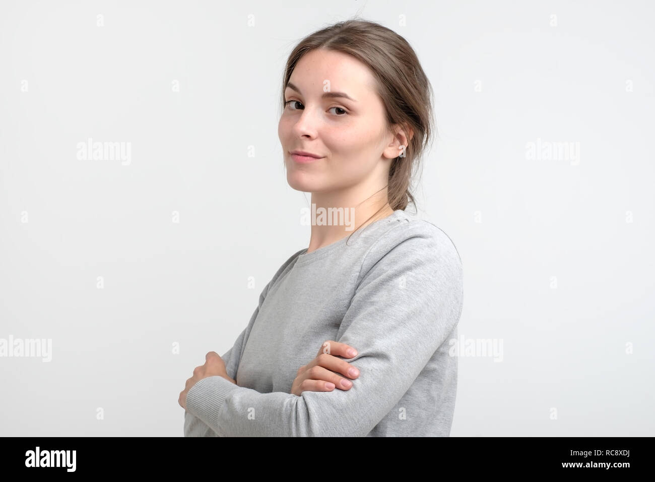 Portrait of young beautiful cute cheerful girl smiling looking at ...