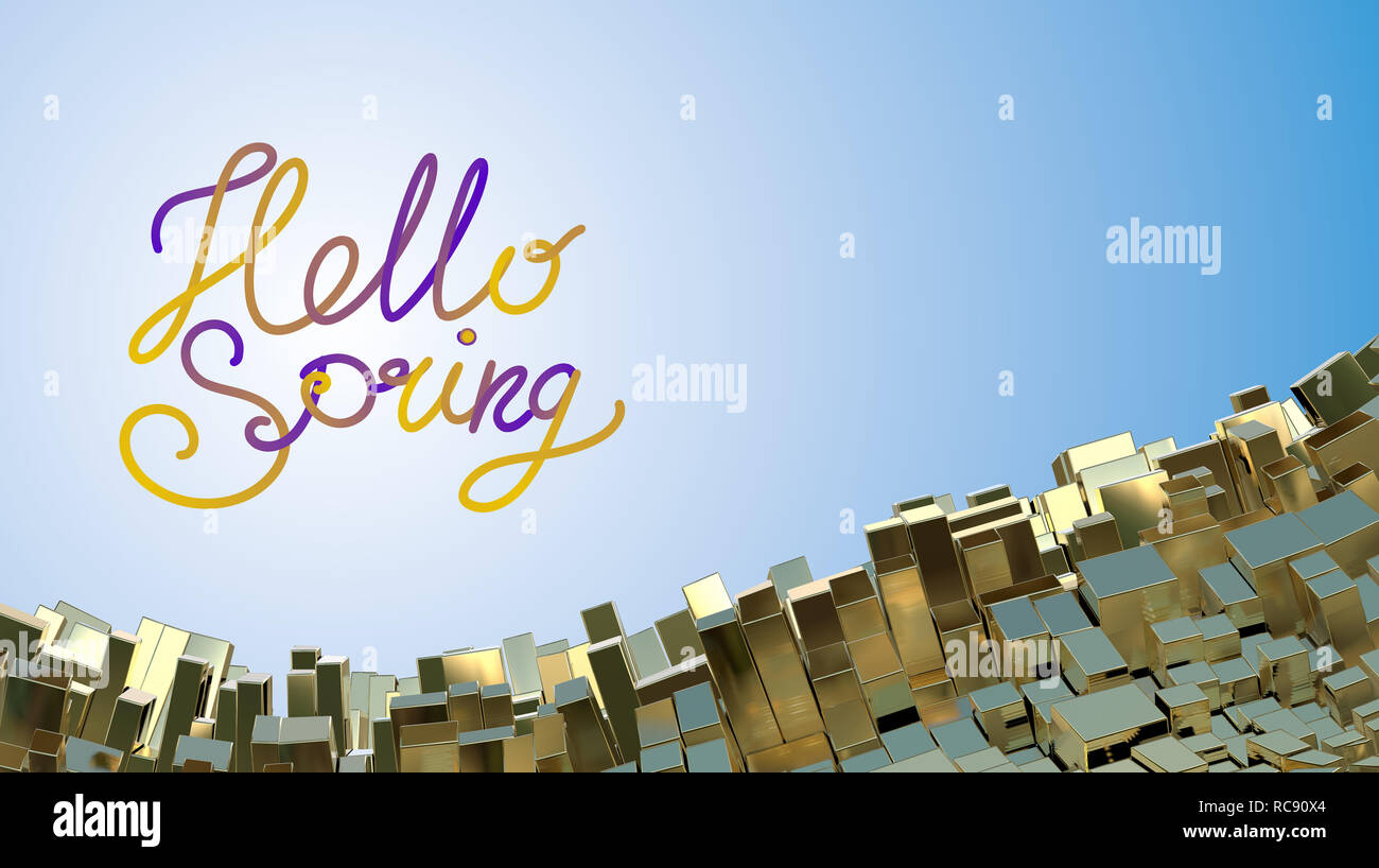 Hello Spring Word Lettering Over Abstract Mountain Landscape