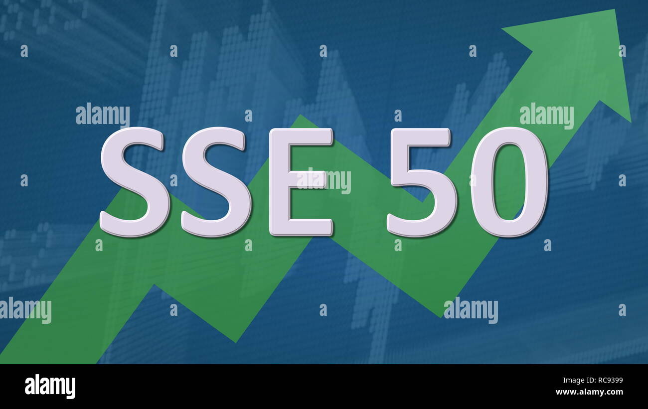 The China stock market index SSE 50 of Shanghai Stock Exchange is going up. A green zig-zag arrow behind the word SSE 50 on a blue background with a... Stock Photo