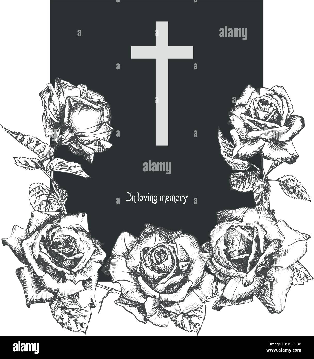 Funeral ornament concept with hand drawn roses and cross in black color  isolated on white Vintage engraved style Modern template background design  for Stock Vector Image & Art - Alamy
