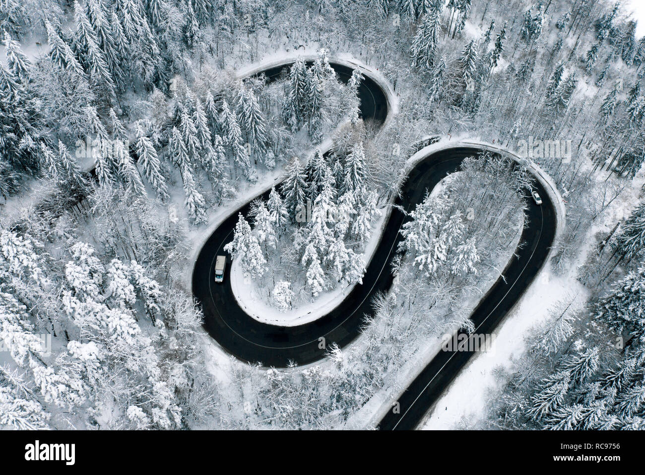 Aerial view of a winter winding highway in the middle of the forest ...