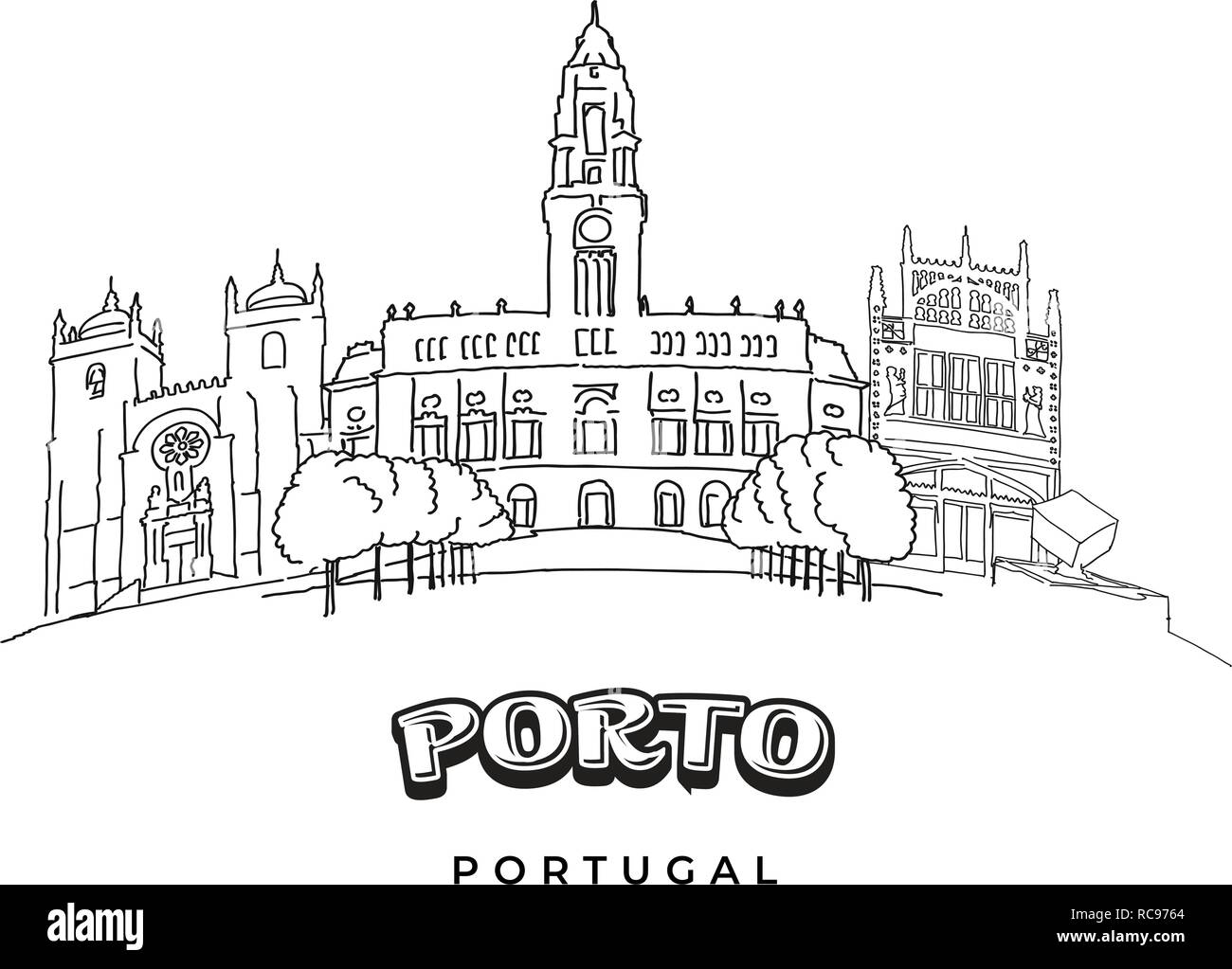 Porto, Portugal famous architecture. Hand-drawn vector illustration. Famous travel destinations series. Stock Vector