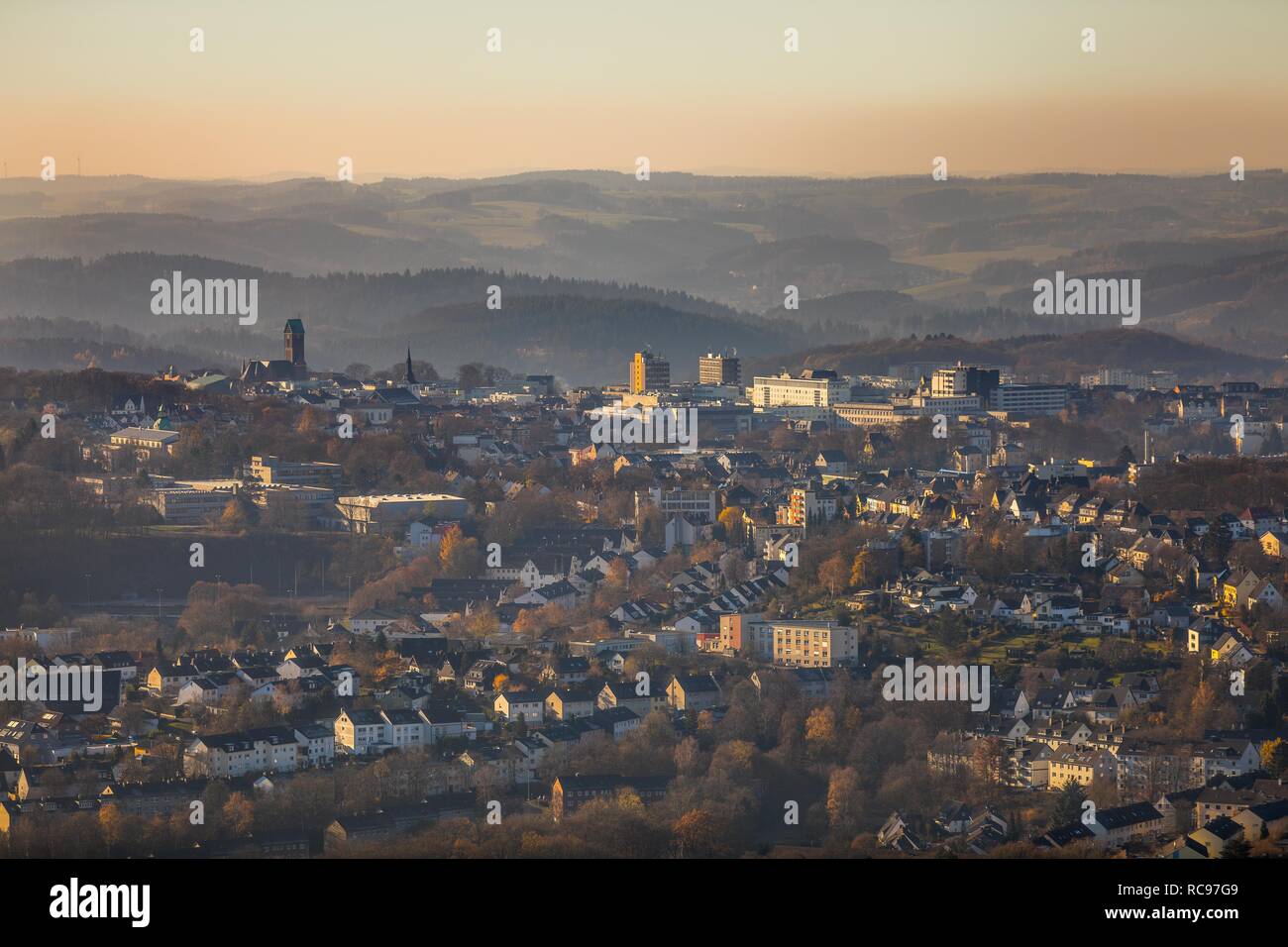 Aerial view, city view with catholic church St. Joseph and Medardus, hilly landscape at the back, Lüdenscheid, Sauerland Stock Photo