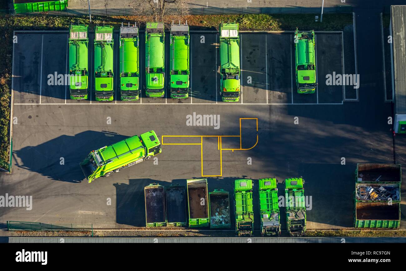 Aerial view, green refuse collection vehicles, refuse vehicles with refuse containers, Lüdenscheid, Sauerland Stock Photo