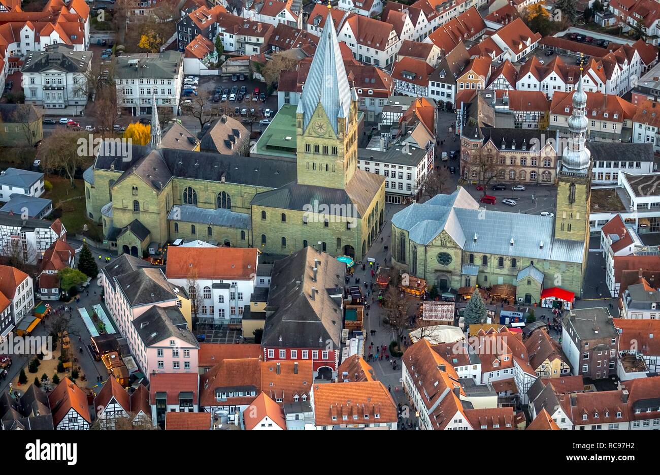 Aerial view, town hall with St.-Petri church, St.-Patrokli cathedral, Christmas market, Petrikirchhof, cathedral square Stock Photo