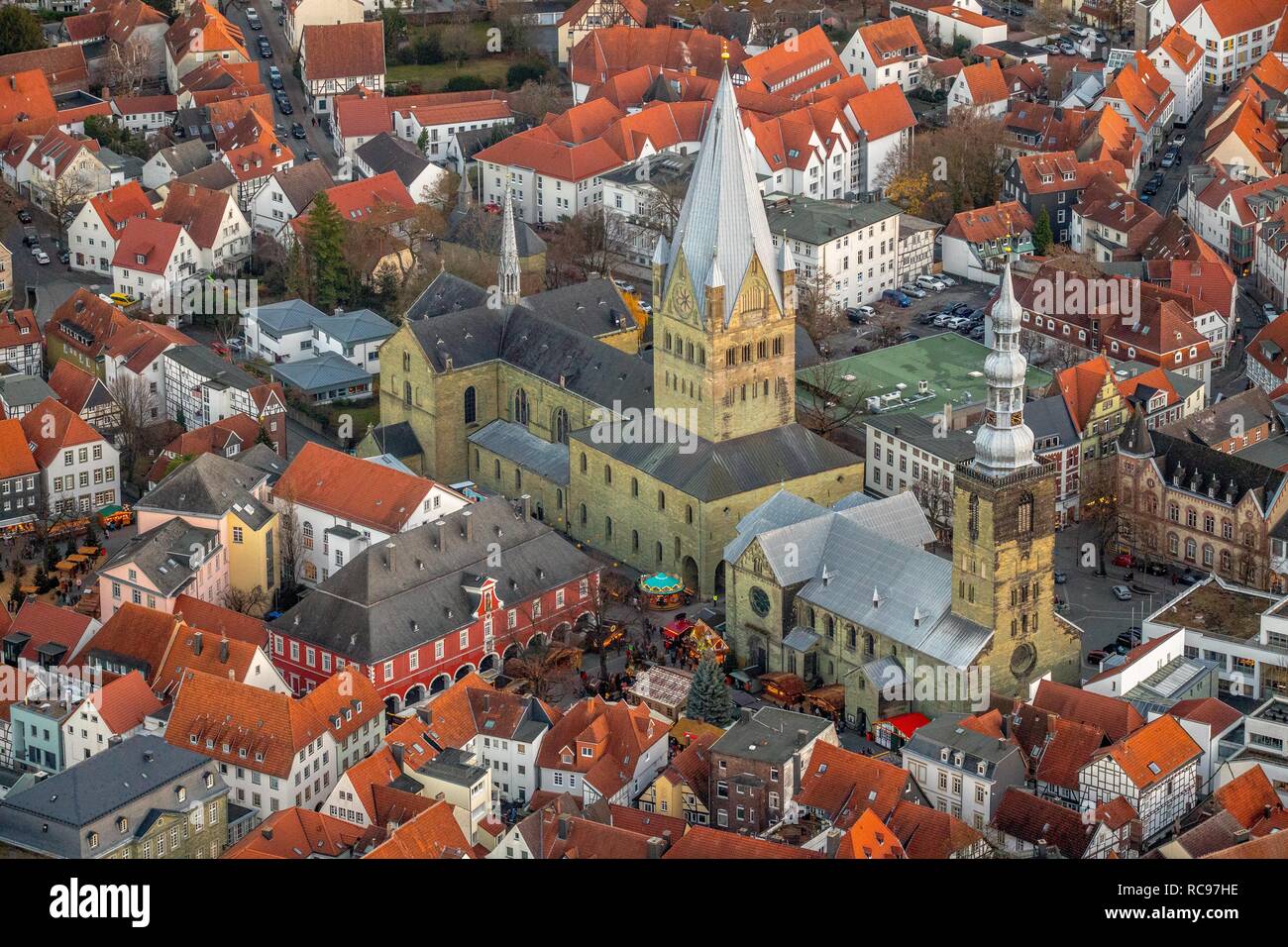 Aerial view, town hall with St.-Petri church, St.-Patrokli cathedral, Christmas market, Petrikirchhof, cathedral square Stock Photo