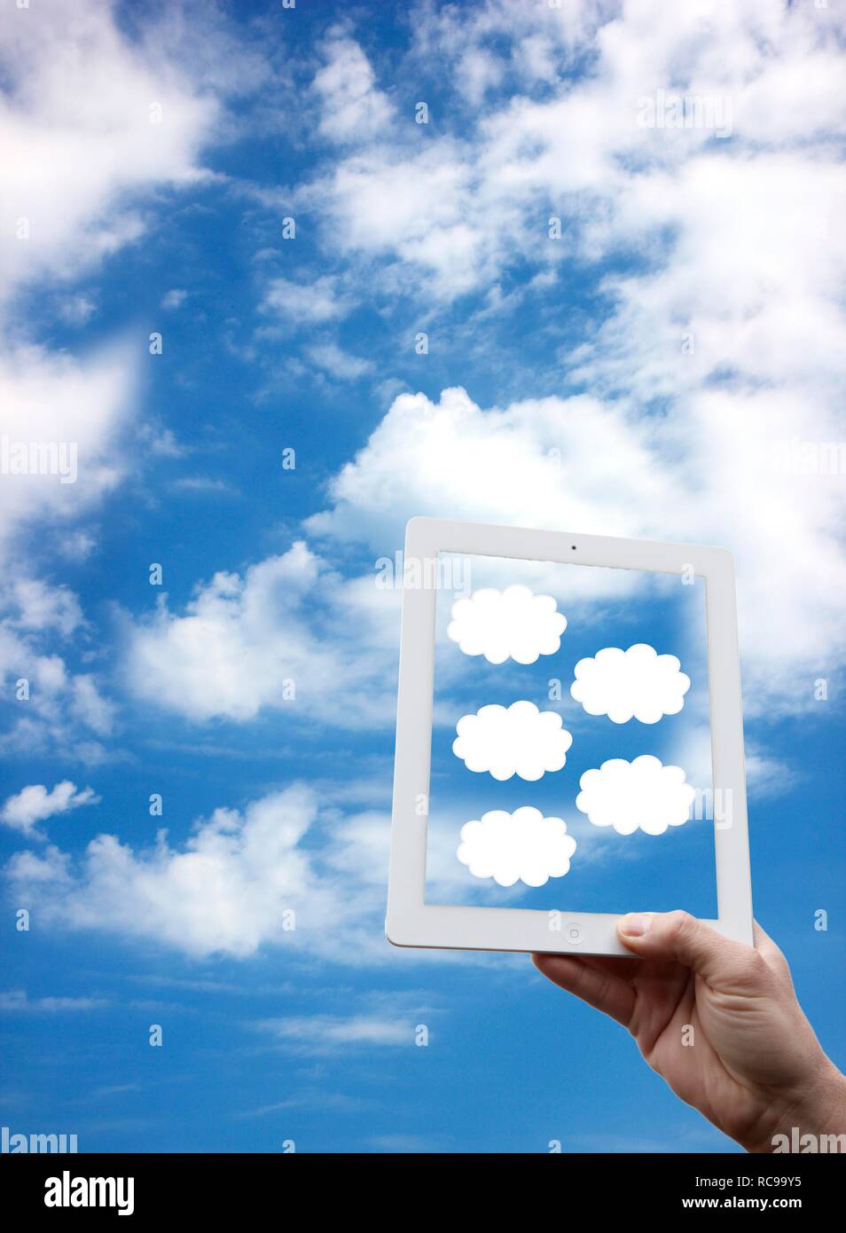 IPad, clouds, sky, symbolic image for cloud computing, cloud Stock Photo