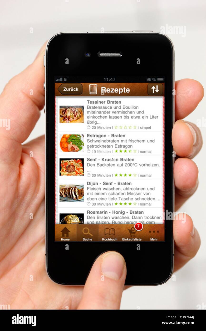 IPhone, smartphone, showing an app with recipes on the display Stock Photo