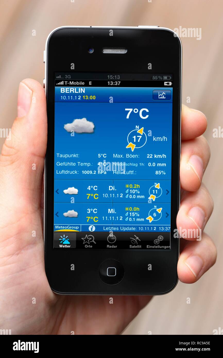 Iphone, smart phone, weather forecast, app on the screen Stock Photo