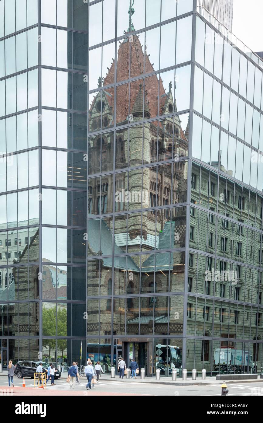 Trinity Church, reflection in glass facade, Copley Square, Boston, Massachusetts, USA Stock Photo
