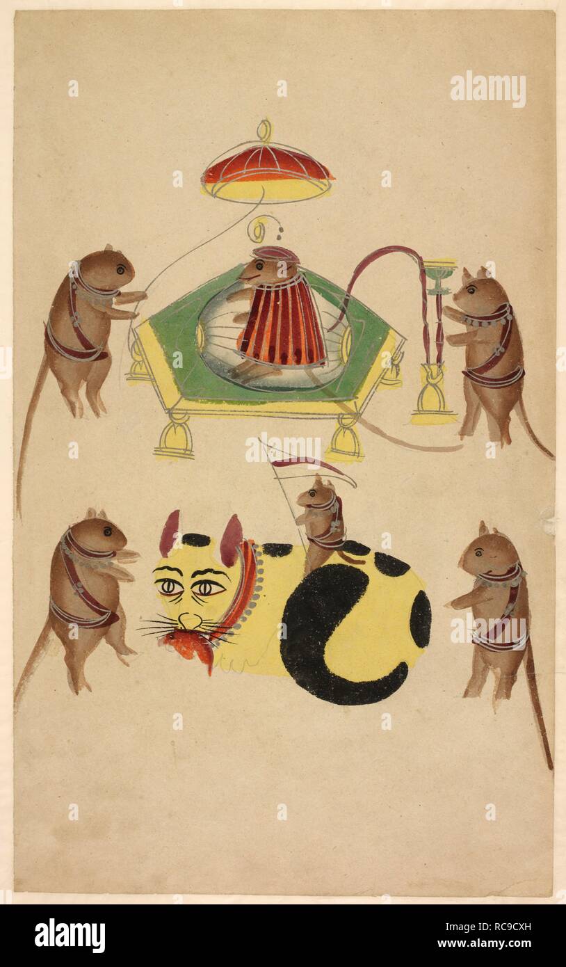 A musk-rat raja sits on a throne, holding a hookah, a pennant above him. Below him, another musk-rat, also holding a pennant, rides on a tame cat. Two other musk-rats appear to taunt the cat. c.1880. Watercolour heightened with silver. Source: Add.Or.3351. Stock Photo
