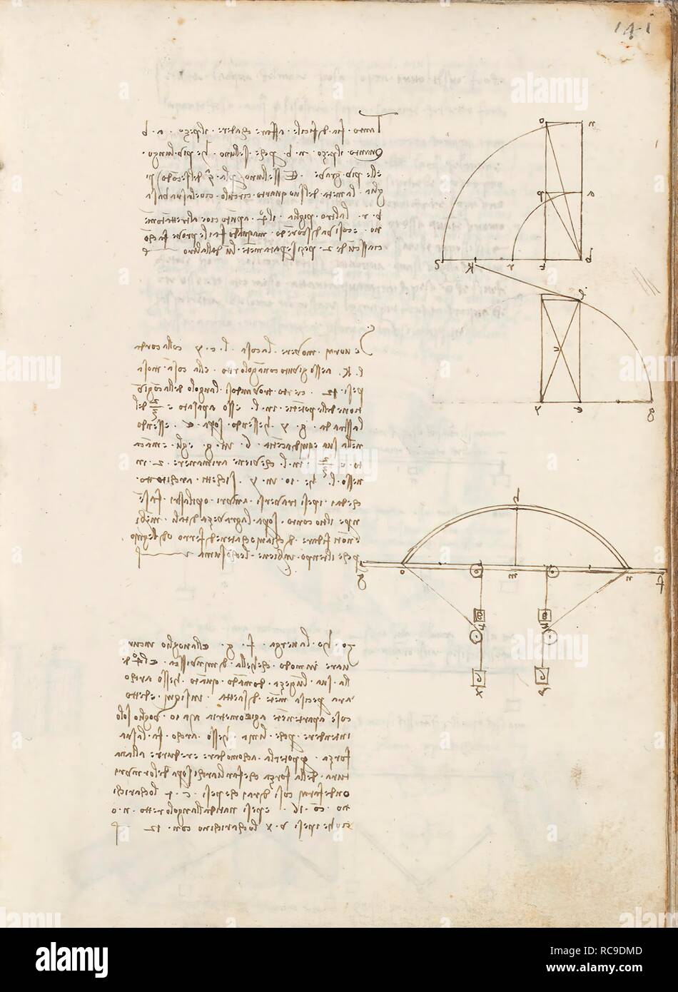 Folio f 141r. Codex Madrid I (Ms. 8937) 'Treaty of statics and mechanics', 192 folios with 384 pages. Internal format: 215 x 145 mm. CIVIL ENGINEERING, CONSTRUCTION. MATHEMATICS. APPLIED MECHANICS (COMPONENTS). MENTION OF MATERIALS. PRINCIPLES OF MECHANICS, CINEMATICS, DYNAMICS. Museum: BIBLIOTECA NACIONAL DE ESPAÑA, MADRID. Author: LEONARDO DA VINCI. Stock Photo