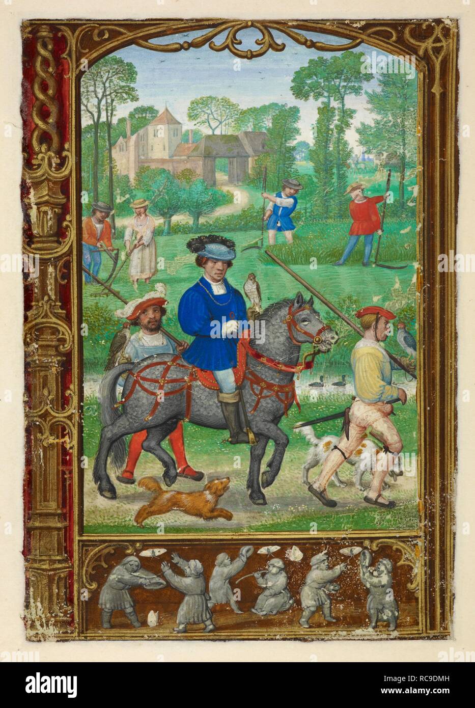 Calendar scene for July: Mowing, hay-making, falconry and hunting. (Below) Chasing butterflies. The Golf Book. S. Netherlands (Bruges), 1520-1530. Source: Add. 24098, f.24v. Language: Latin. Author: Workshop of Simon Bening. Stock Photo