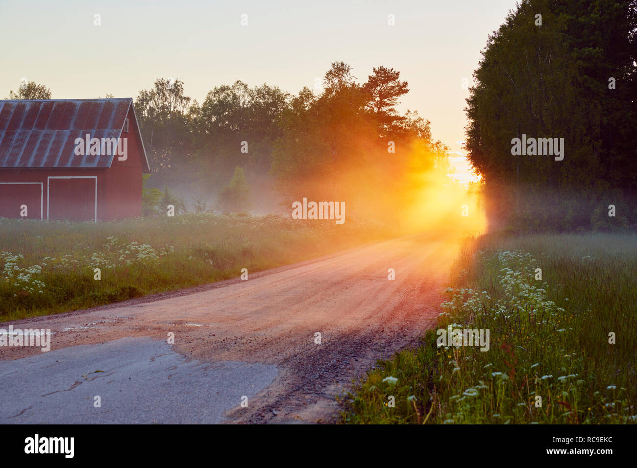 Farmhouse and dirty road at sunset Stock Photo