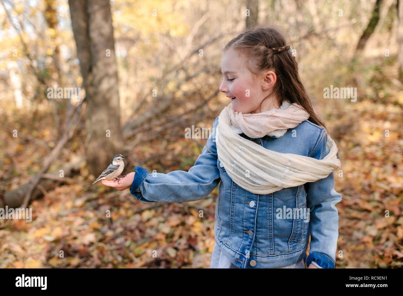 Little girl holding bird on palm in forest Stock Photo