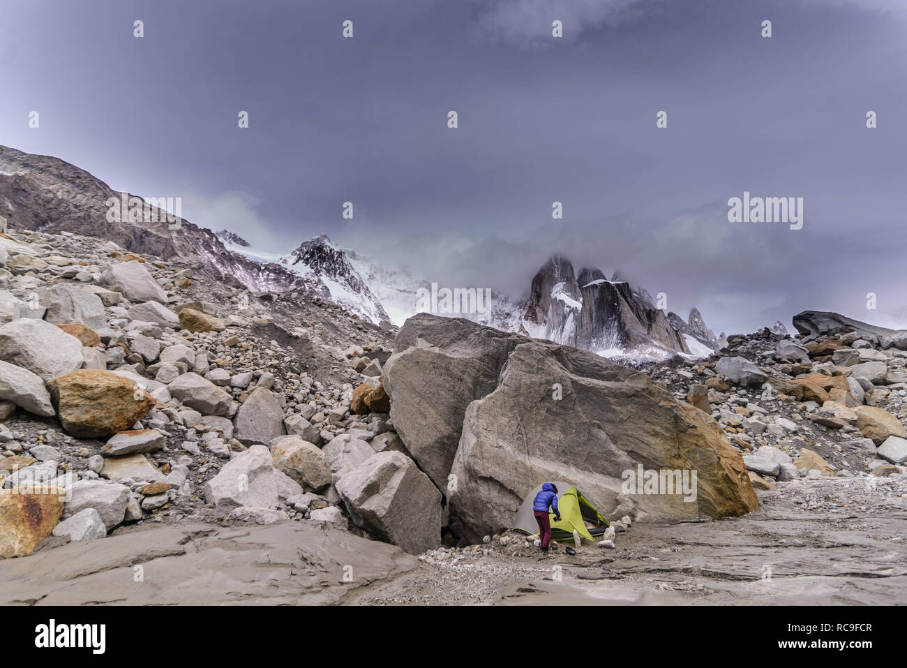 Rock climber camping in El Chaltén, south Patagonia, Argentina Stock