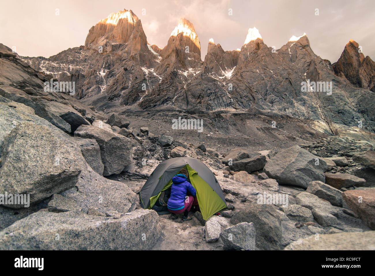 Rock climber camping in El Chaltén, south Patagonia, Argentina Stock Photo