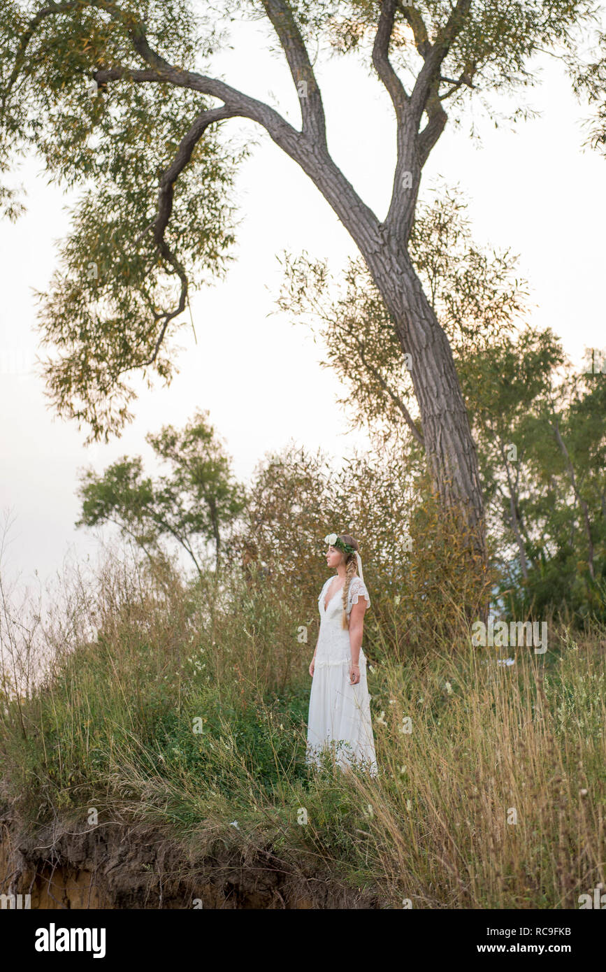 Bride in long grass by tree, Scarborough Bluffs, Toronto, Canada Stock Photo